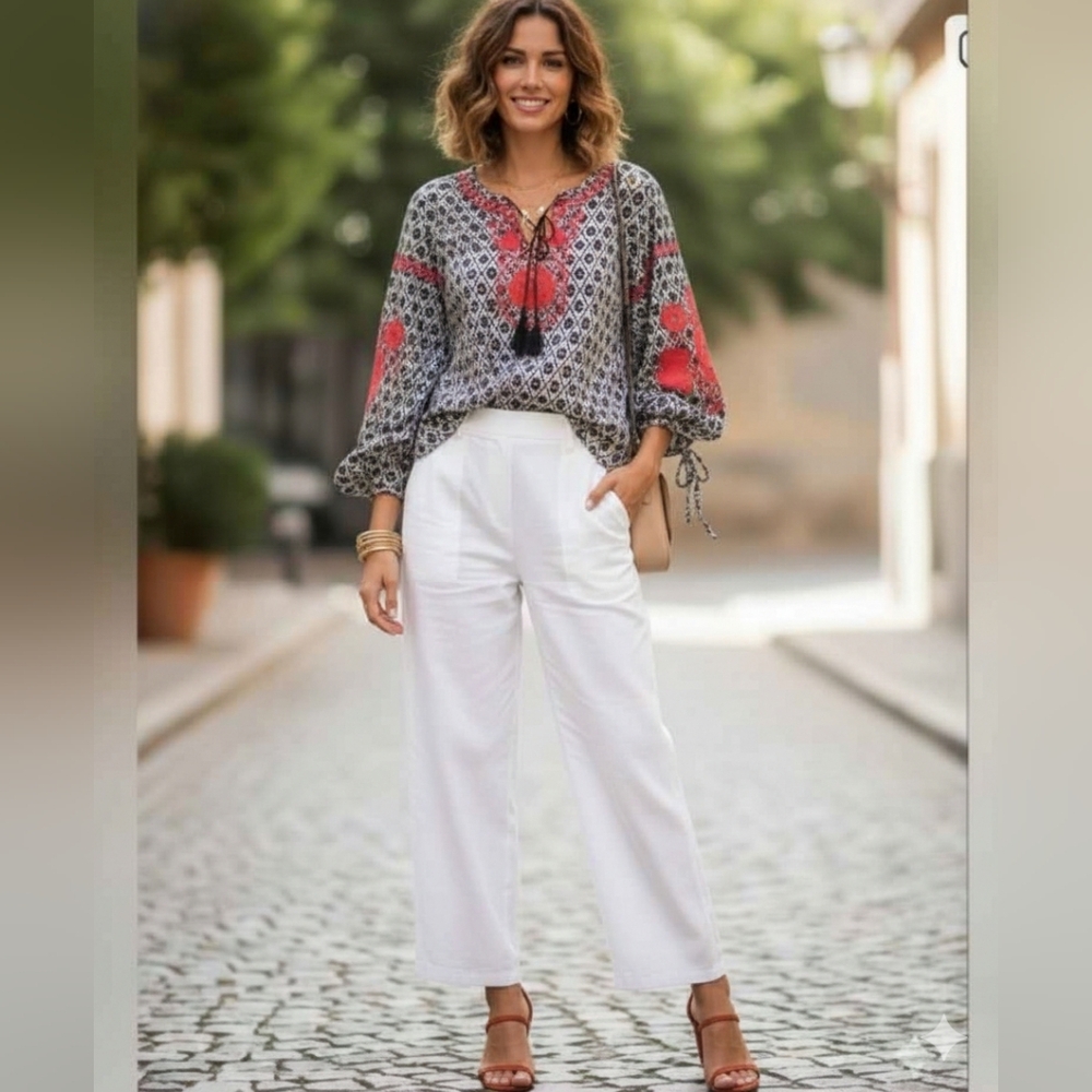 💯 Cotton Embroidered Tunic Blouse Boho Top Black Red White Small